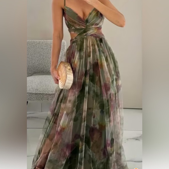 Sheer Floral Maxi Dress in Olive and Mauve - Picture 4 of 5